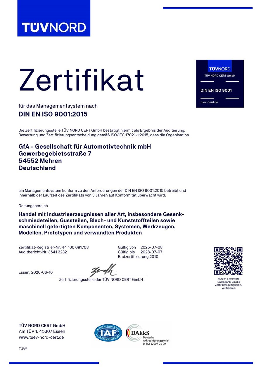 Zertifikat DIN EN ISO 9001:2015 der TÜV NORD CERT GmbH